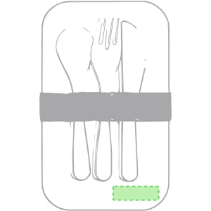 A set of reusable cutlery including a spoon, fork, and knife, secured with a grey band. The cutlery is white.