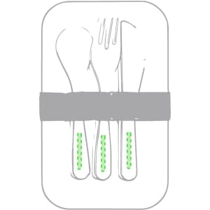 A set of reusable cutlery including a spoon, fork, and knife, secured with a grey band, featuring green highlights.