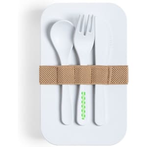 A white lunch box with a beige strap, containing a knife, fork, and spoon arranged neatly inside.