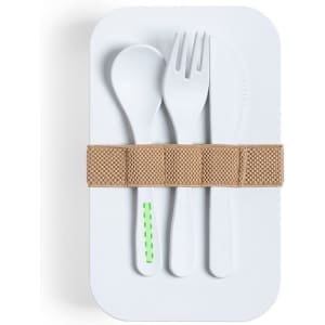 A white lunch box with a brown strap, containing a spoon, fork, and knife.