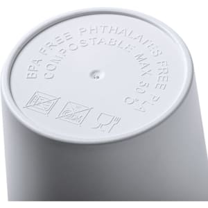 A plastic cup with a white exterior, featuring a circular base with a logo and recycling symbols.