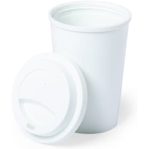 A white plastic cup with a matching lid, featuring a smooth surface and a simple design.