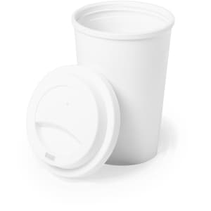 A white plastic cup with a matching lid, designed for beverages. The cup has a smooth finish and a simple design.