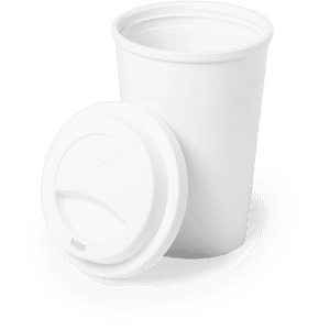 A white plastic cup with a matching lid, designed for drinkware use.
