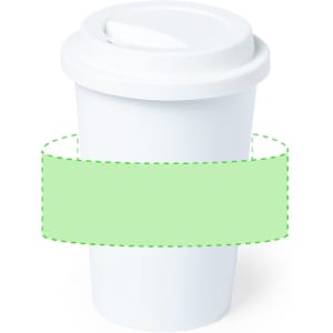 A white plastic cup with a lid, featuring a blank green band around its midsection.