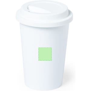A white plastic cup with a lid, featuring a blank square area for custom branding.