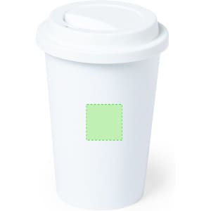 A white plastic cup with a lid, featuring a blank green area for custom designs or logos.