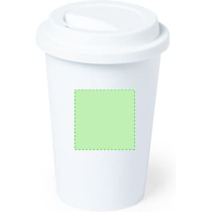 A white plastic cup with a lid featuring a square area for custom branding.