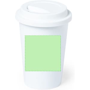 A plastic cup with a white exterior and a light green blank area, featuring a lid and a logo.