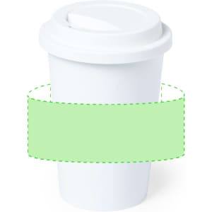 A white plastic cup with a lid and a green band around its middle. The cup has a simple, modern design.