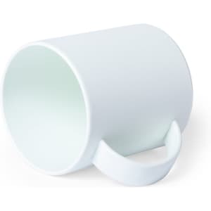 A white coffee mug with a smooth surface and a curved handle. The interior is also white.