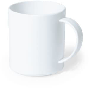 A coffee mug in white with a simple, rounded design and a sturdy handle. It has a logo printed on one side.