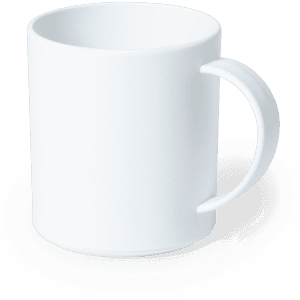 A white coffee mug with a simple handle, featuring a smooth, glossy finish and an unadorned design.