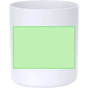 A white coffee mug with a blank green label area on its front, featuring a simple design.