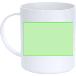 A white coffee mug with a green rectangular area on the front and a handle on the side. It includes a logo.