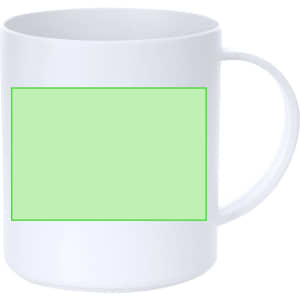 A white coffee mug featuring a blank green rectangle and a curved handle.