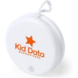 A white yoyo featuring a logo and a star design, with a string attached for playing.