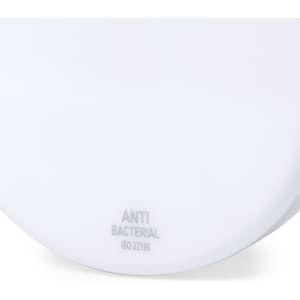 A white yoyo with an antibacterial feature, featuring a logo and a smooth, rounded surface.
