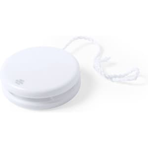 A white antibacterial yo-yo with a textured surface and a white string attached. It features a logo.
