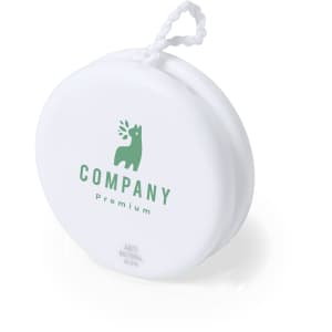 A white yoyo featuring a logo, designed with antibacterial properties. It has a string for easy play.