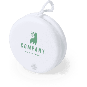 A white yoyo with a logo and an antibacterial feature, designed as a fun and engaging product.
