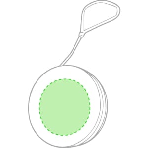 A green and white yo-yo with a string and loop for easy handling. It features a simple circular design.