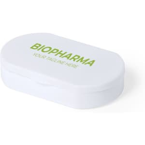 An oval white pillbox with a green logo and a secure closure.