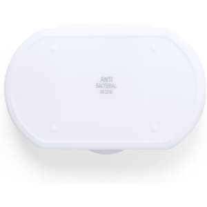 A white oval pillbox with a lid featuring a branding logo and an antibacterial label on the top.
