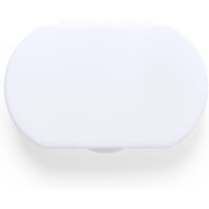 A white rectangular pillbox with a smooth surface and a clasp, featuring a logo on the top.
