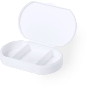 A white hemp-infused antibacterial pillbox with two compartments. It features a smooth, rounded design and a hinged lid.