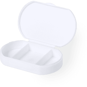 A white antibacterial pillbox with two compartments, featuring a sleek design and a smooth finish.