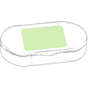 A rectangular, white pillbox with a green lid and a logo on the surface.