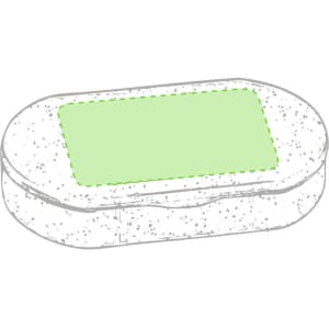 A rectangular, green and speckled pillbox with a smooth surface and rounded edges, featuring a logo.