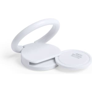 A white antibacterial phone holder with a ring design, featuring a flat base for stability and a logo.