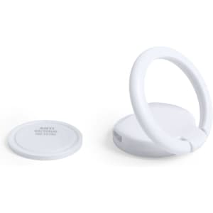 A white antibacterial phone holder with a circular base and a ring for easy grip. It has a logo on the base.