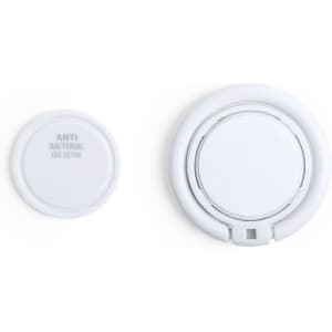 A white antibacterial phone holder with a circular design, featuring a logo and a smaller circular piece.