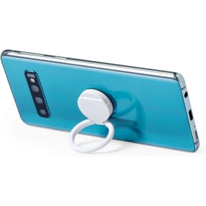 A teal phone with a white antibacterial holder attached to the back. The holder features a ring design for grip.