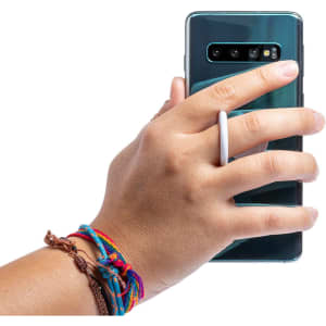 A hand holding a smartphone with a white antibacterial holder. The wrist is adorned with colourful bracelets.