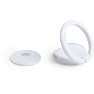 A white antibacterial phone holder featuring a circular ring and a flat base, including a logo.