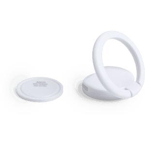 A white antibacterial phone holder with a circular base and a ring attachment for secure grip.