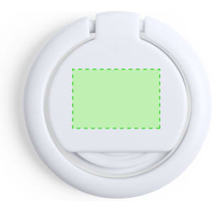 A round, white antibacterial holder designed for phones, featuring a blank area for customisation.