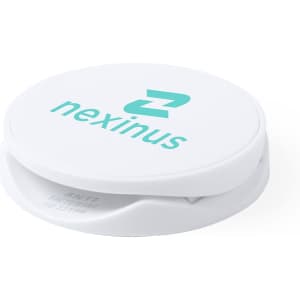 A white antibacterial phone holder with a logo, designed for stability and convenience.