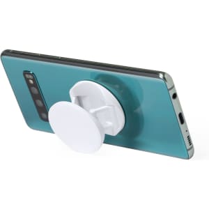 A phone stand in white attached to a teal smartphone's back, designed for antibacterial purposes.