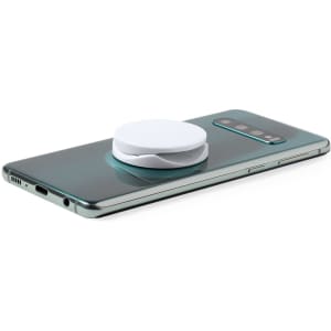 A white antibacterial phone holder on the back of a green smartphone. The product features a logo.