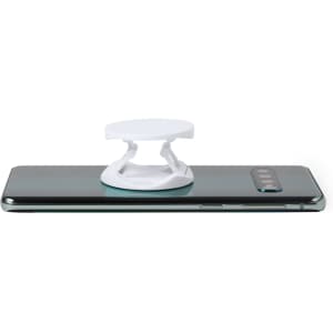 A white antibacterial phone holder sits on a sleek black smartphone, featuring a minimalistic design.