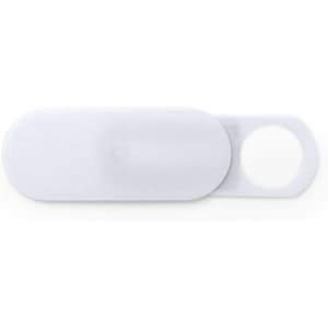 A white antibacterial webcam cover with a circular cut-out and a sliding mechanism for privacy.