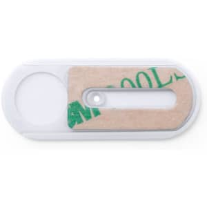 A white antibacterial webcam cover with a sliding mechanism and a logo on the surface.