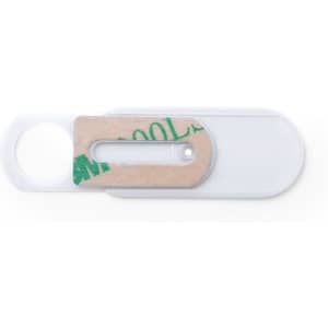 A white antibacterial webcam cover with a wooden slider mechanism and a circular cutout for attachment.