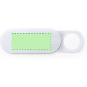 A grey antibacterial webcam cover with a circular cutout and a blank rectangular area. It features a logo.