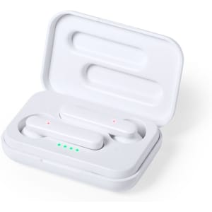 A pair of white antibacterial earphones in a case, with indicator lights and a logo on the exterior.